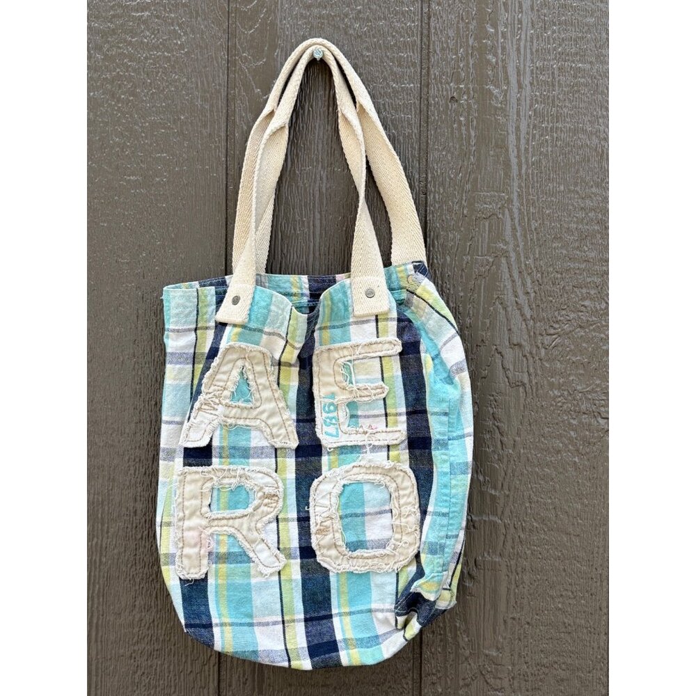 Aeropostale 1987 Plaid Canvas Y2K Tote Bag With Cream Handles